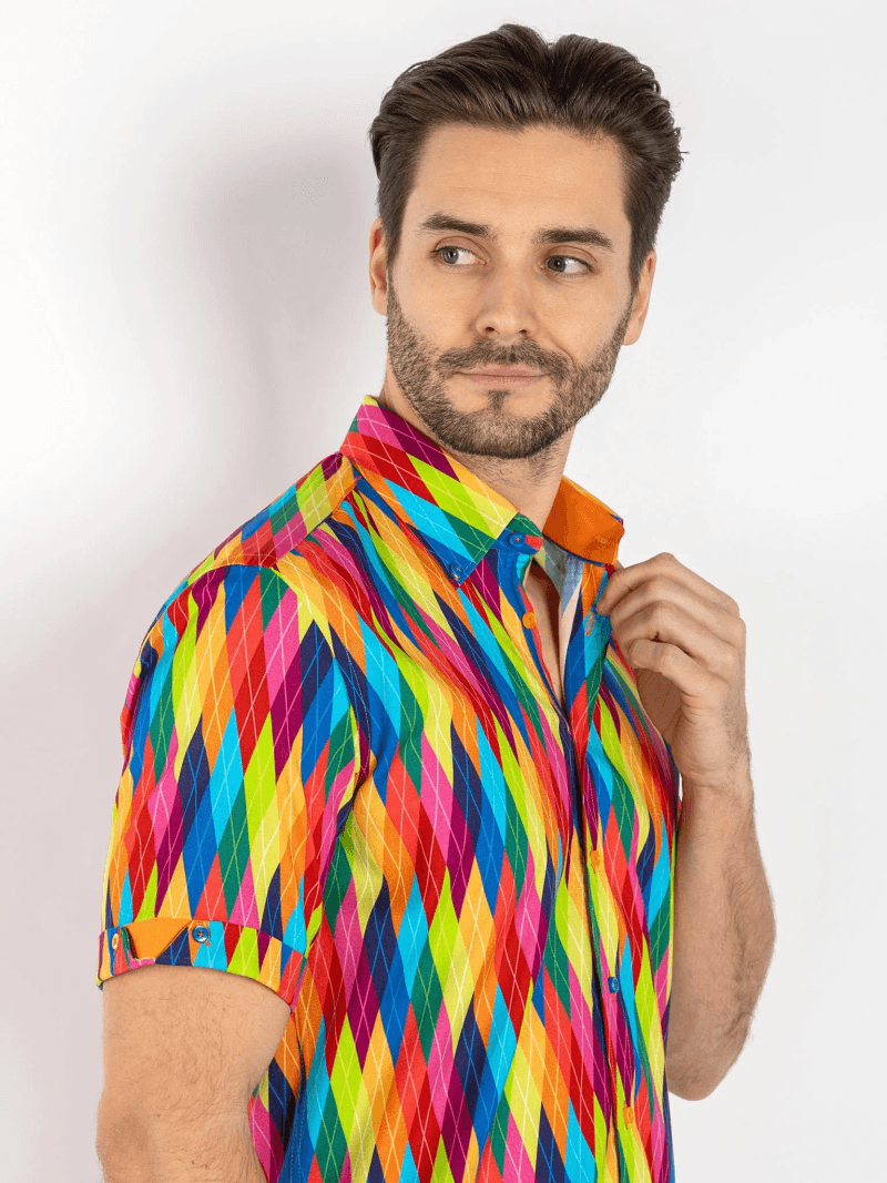 MULTICOLOUR DIAMOND PRINT MEN'S STRETCHY TENCEL SHORT SLEEVE SHIRT
