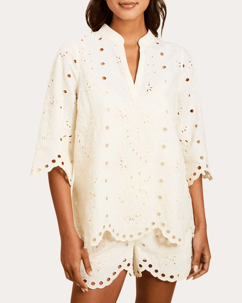 Mestiza Women's Emilio Embroidered Cotton Scallop Top in White Cotton/Linen