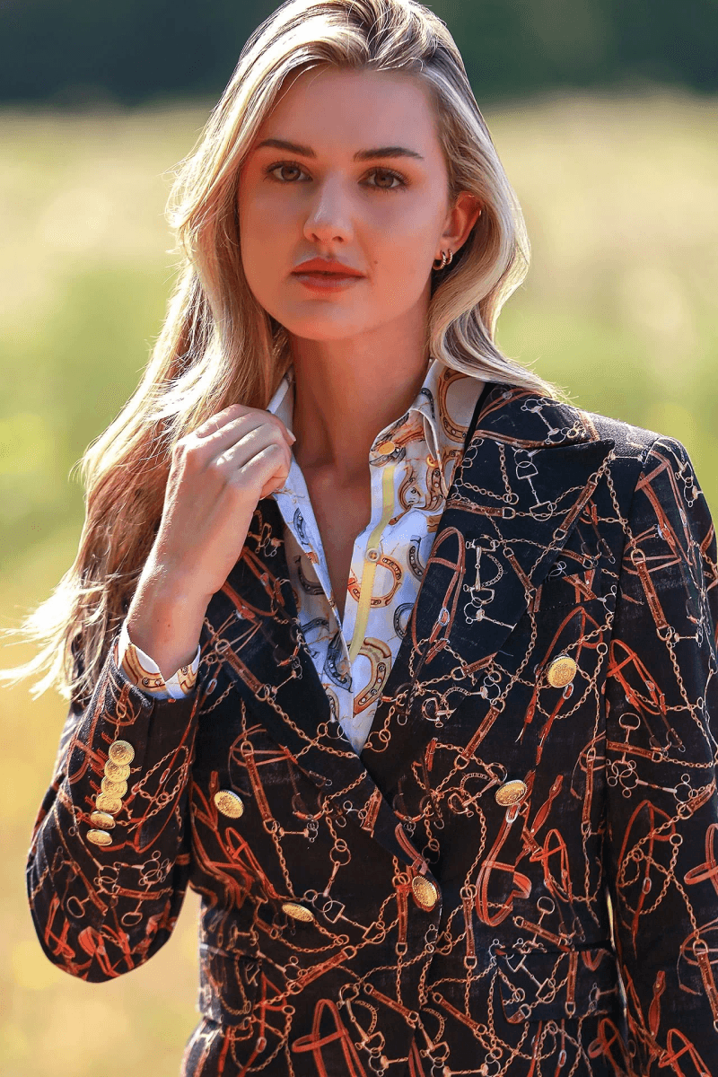 Equestrian Elegance Double Breasted Printed Womens Jacket