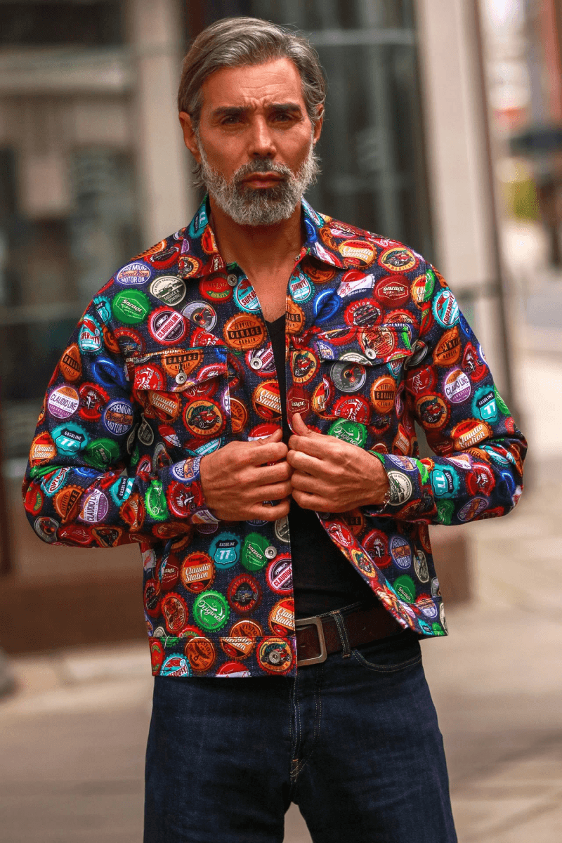 Bottle Cap Print Denim Cotton Shacket