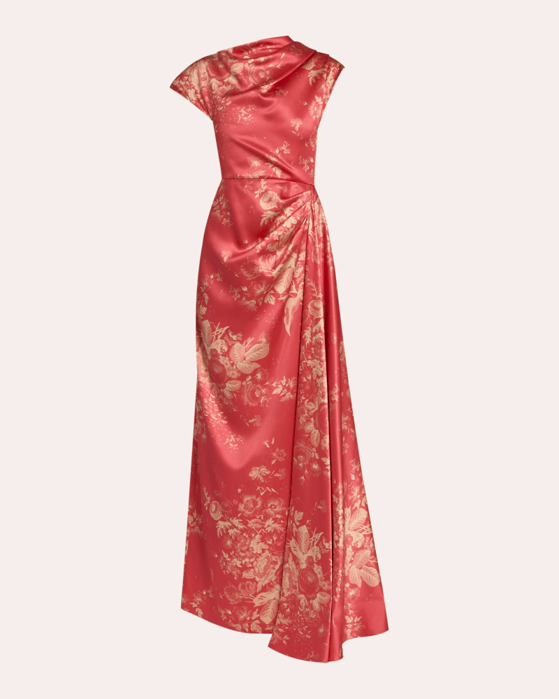 ERDEM Women's Floral Duchess Satin Asymmetric Drape Gown in Pink Viscose/Silk