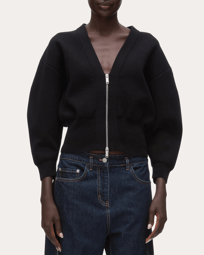 3.1 Phillip Lim Women's Cotton Knit Sculpted-Sleeve Crop Cardigan in Black Cotton/Nylon/Elastane