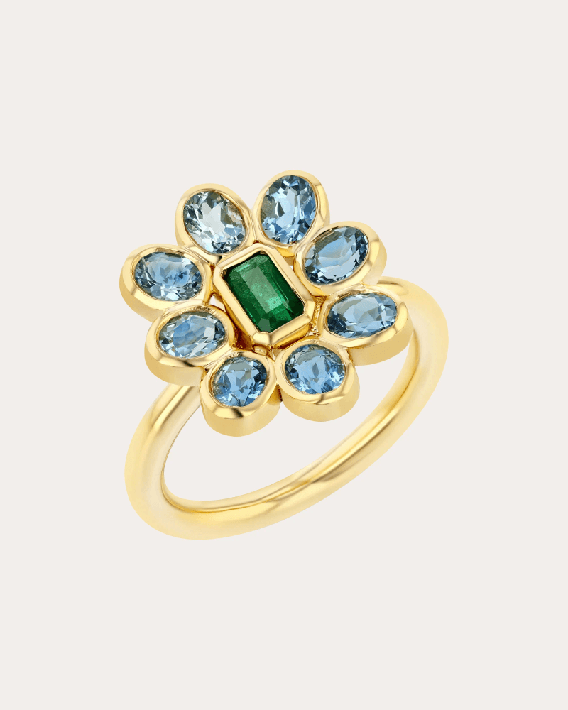 Future Fortune Women's Aquamarine & Emerald Baby Bloom Ring in Yellow 18K Gold
