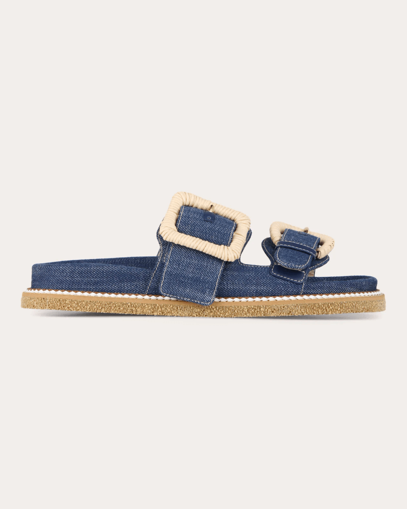 RODO Women's Robin Denim Wicker Buckle Sandal in Blue Leather/Denim