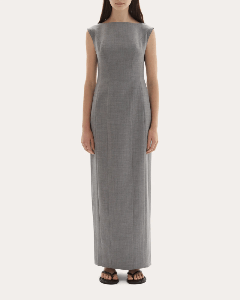 JOAEN Women's Kelli Wool Structured Boatneck Maxi Dress in Grey Wool/Viscose