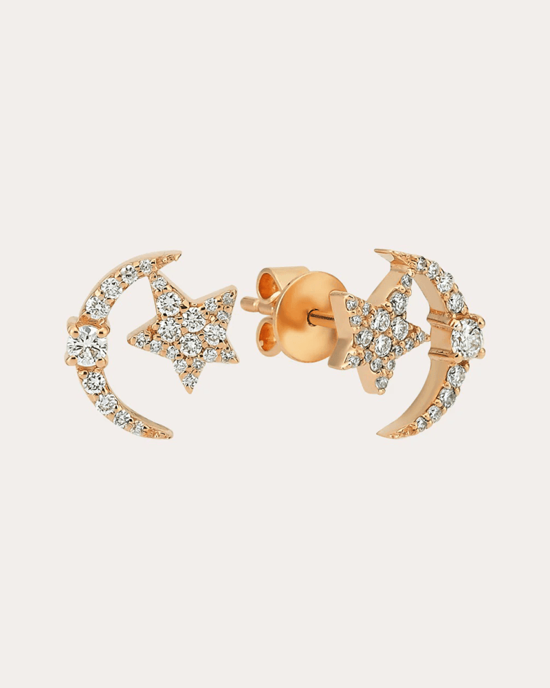 Bee Goddess Women's Diamond Moon & Star Stud Earrings in Rose Gold 14K Gold