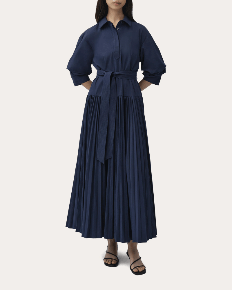 SIMKHAI Women's Arlo Poplin Belted Pleated Maxi Shirt Dress in Blue Cotton/Polyester