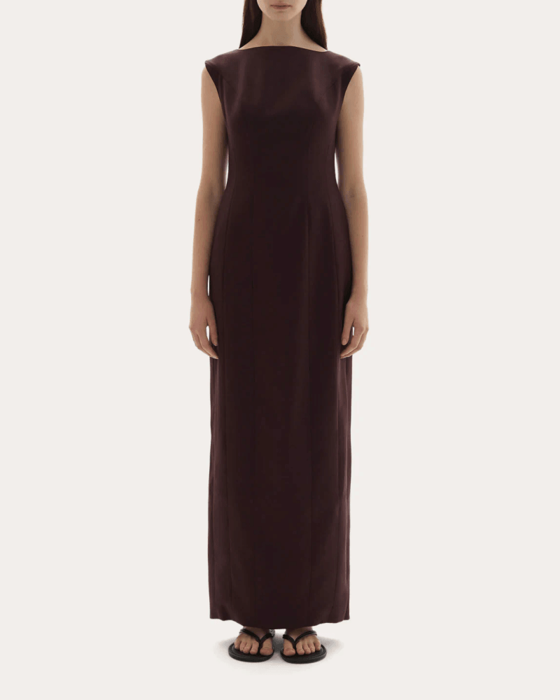 JOAEN Women's Kelli Wool Structured Boatneck Maxi Dress in Purple Wool/Viscose