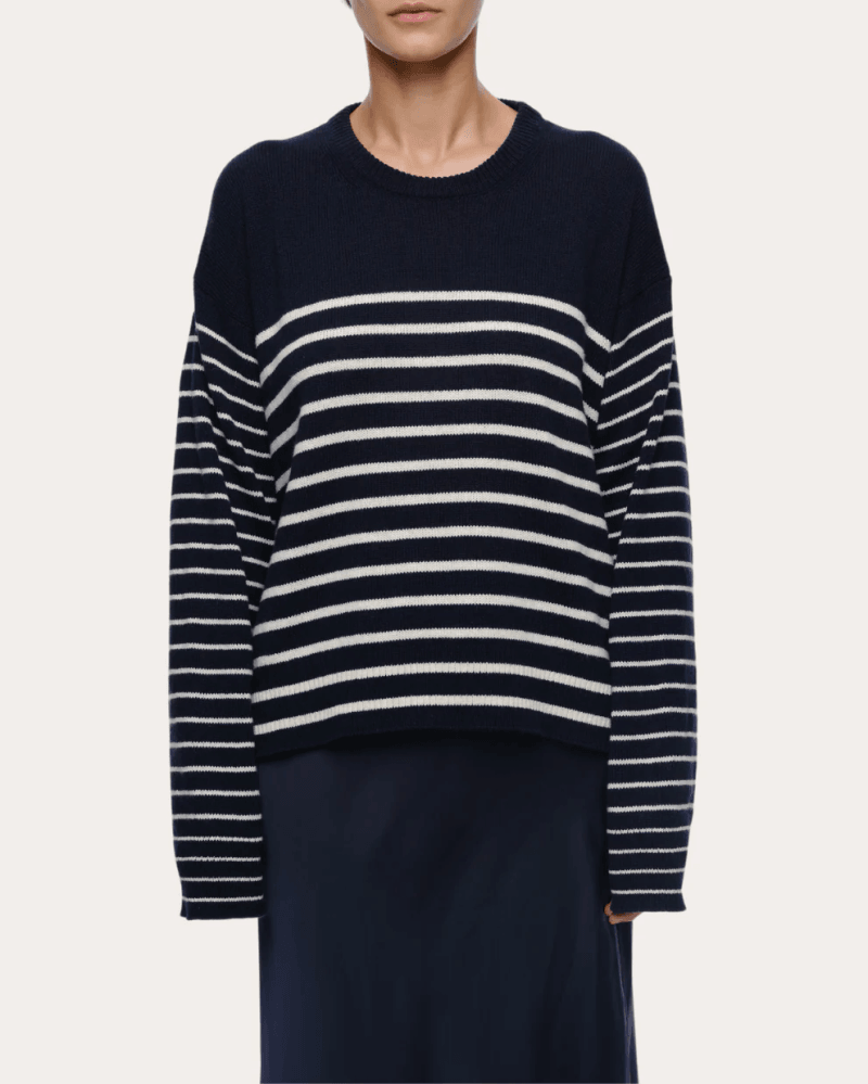 EOLAS Women's Nic Stripe Cotton Cashmere Sweater in Navy Cashmere/Cotton