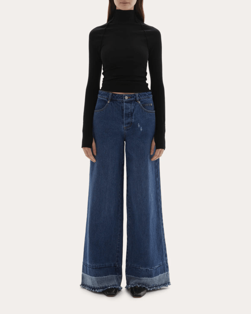 JOAEN Women's Adrianne Washed Raw-Hem Wide-Leg Jeans in Blue Leather/Cotton/Denim