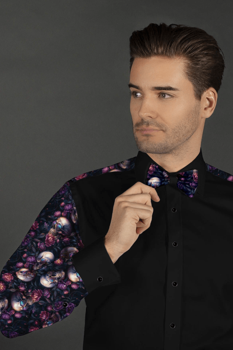 BLACK SKULLS & ROSES MEN'S TUXEDO SHIRT WITH BOW TIE