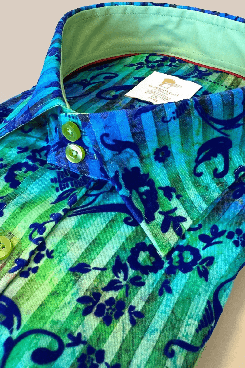 TIE-DYE FLORAL FLOCKING SHIRT WITH LUXURY TEXTURED FINISH ON GREEN