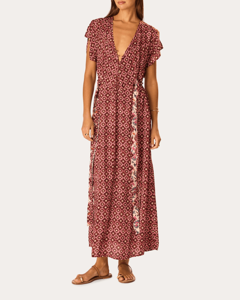 Natalie Martin Women's Monica Mosaic V-Neck Maxi Dress in Red Rayon