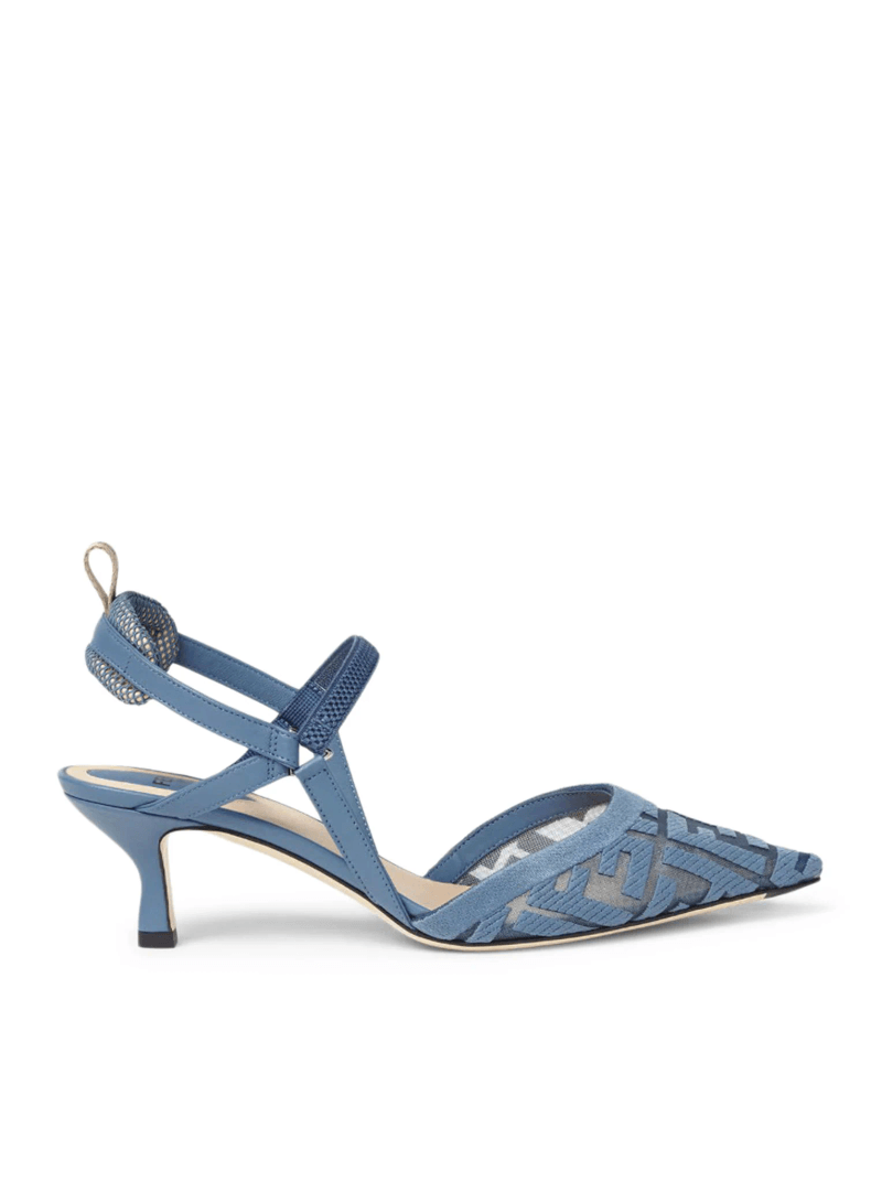 COLIBRÌ LITE SLINGBACK WITH MEDIUM HEEL IN MESH WITH FF EMBROIDERY IN BLUE - Fendi - Woman