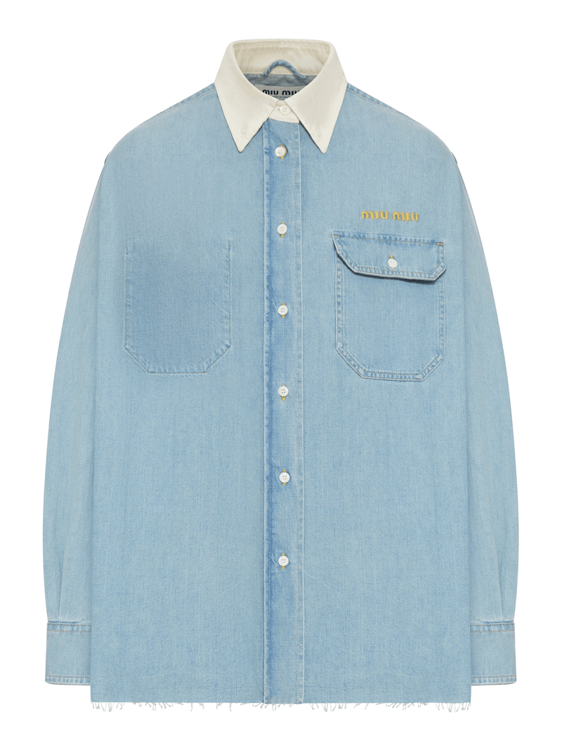 DENIM SHIRT WITH CONTRASTING COLLAR AND EMBROIDERED LOGO - Miu Miu - Woman