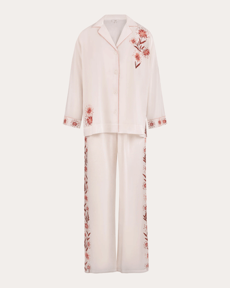 Karma On The Rocks Women's Isa Embroidered Floral Cotton Pajama Set in White