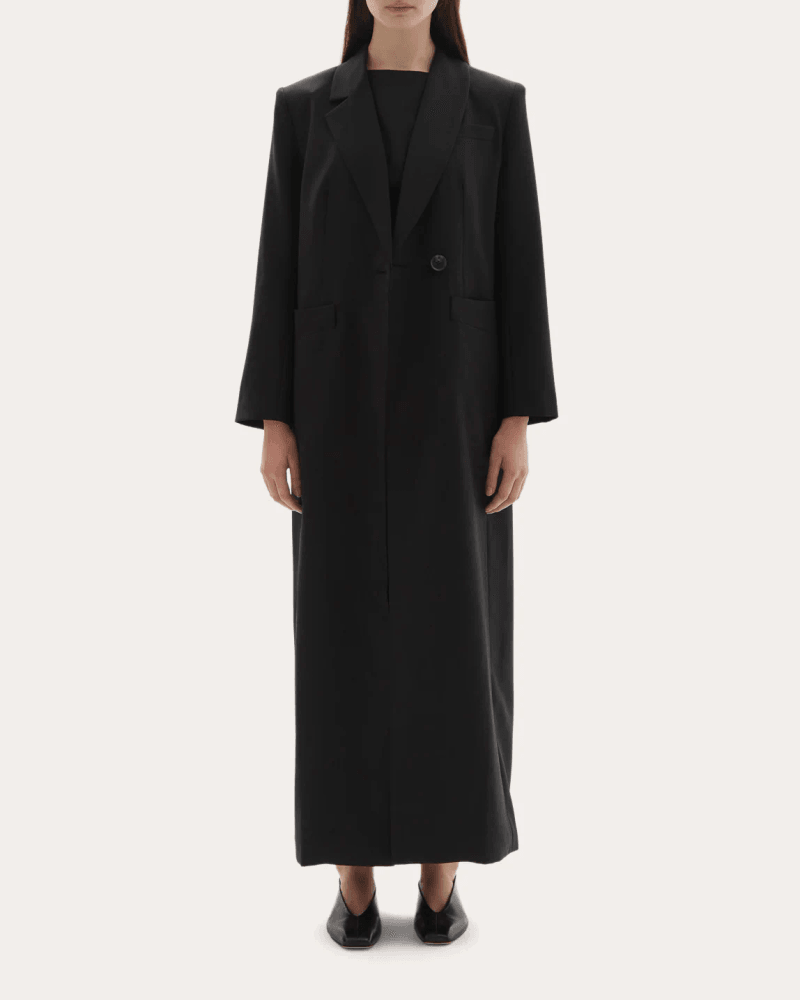 JOAEN Women's Allora Wool Asymmetric Lapel Coat in Black Wool/Viscose