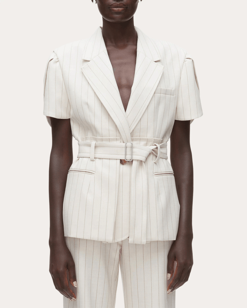 3.1 Phillip Lim Women's Pinstripe Tulip-Sleeve Belted Blazer in White Viscose/Elastane/Polyester