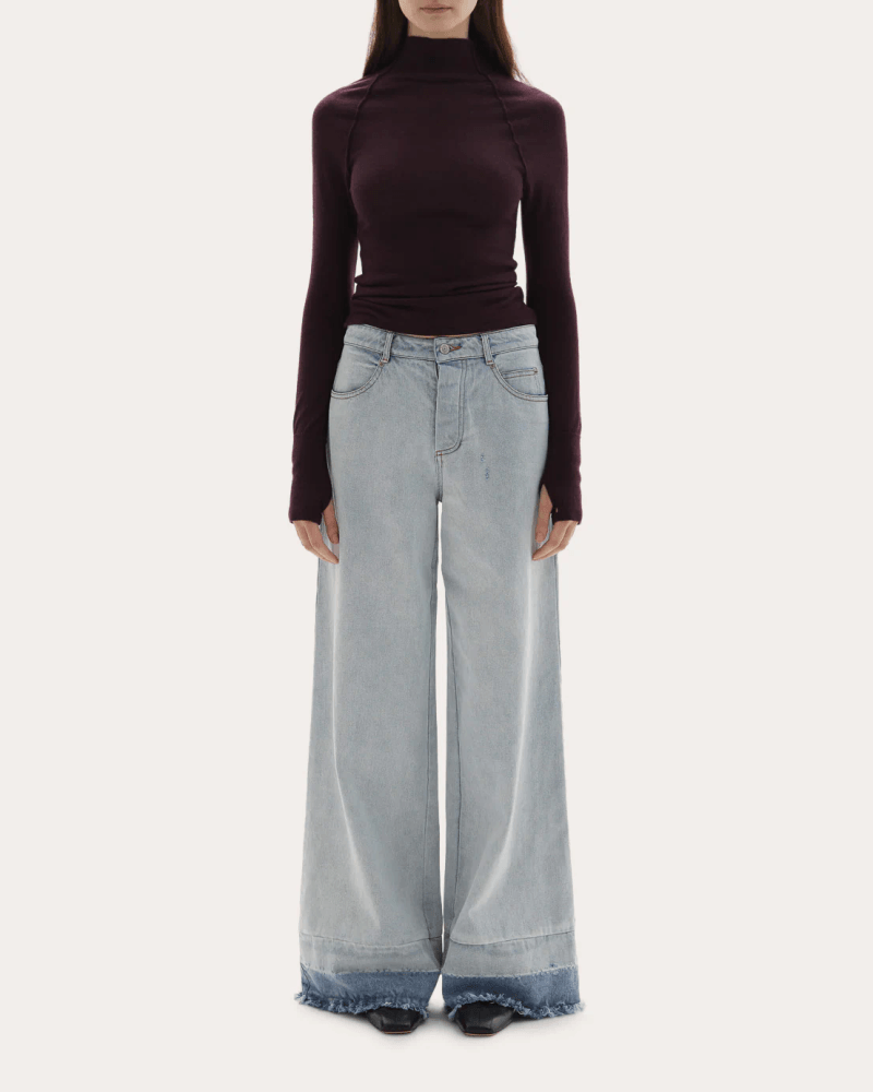 JOAEN Women's Adrianne Washed Raw-Hem Wide-Leg Jeans in Blue Leather/Cotton/Denim