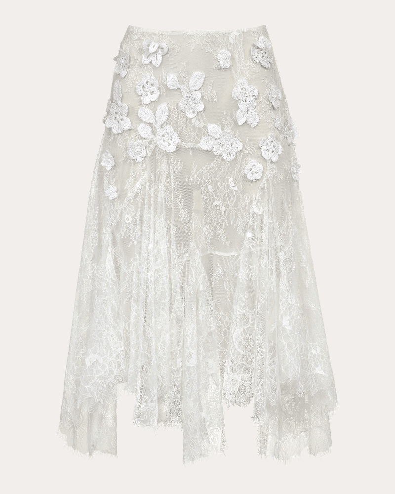 Francesca Miranda Women's Flor Appliqué Sheer Lace Midi Skirt in White Nylon/Rayon