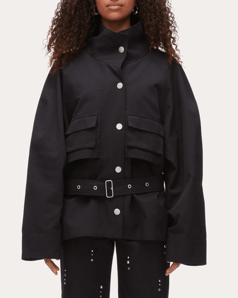 3.1 Phillip Lim Women's Twill Exaggerated Belted Utility Coat in Black Cotton/Viscose