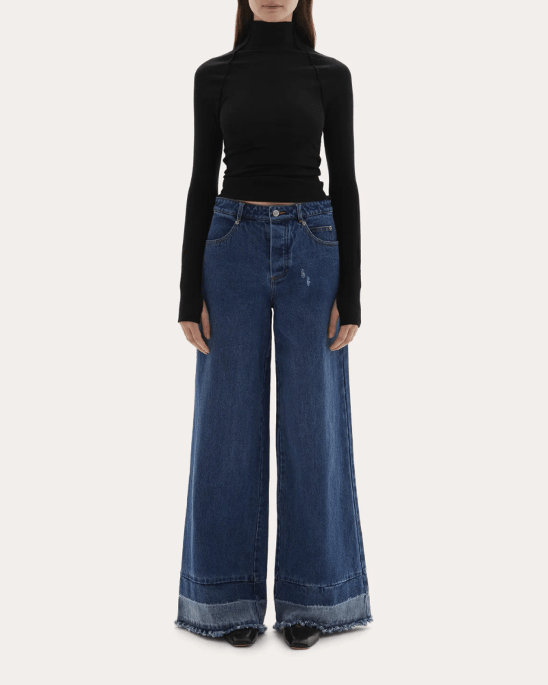 JOAEN Women's Adrianne Washed Raw-Hem Wide-Leg Jeans in Blue Leather/Cotton/Denim