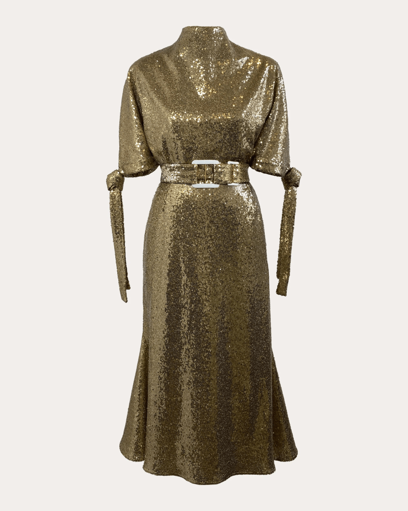 Edeline Lee Women's Pedernal Sequin Belted Tie-Sleeve Midi Dress in Gold Elastane/Polyester