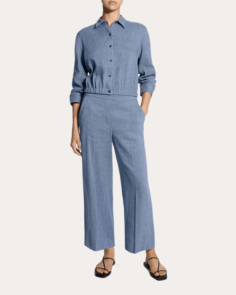 Theory Women's Fluid Linen Scrunched Crop Button-Up Top in Blue Denim/Linen/Viscose