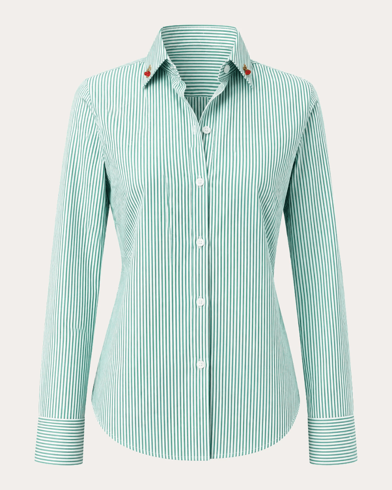 Verdelimon Women's Marion Stripe Cherry Charm Shirt in Green Cotton/Polyester