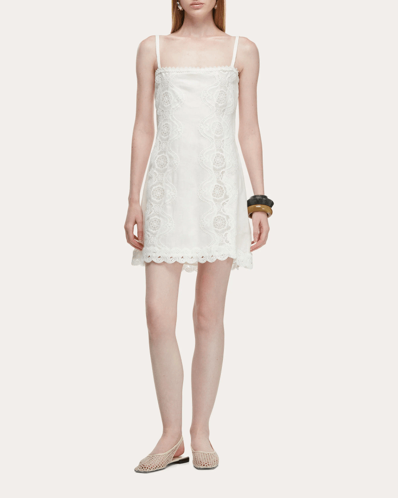 WAIMARI Women's Rocio Embroidered Lace Linen Mini Dress in White Cotton/Linen