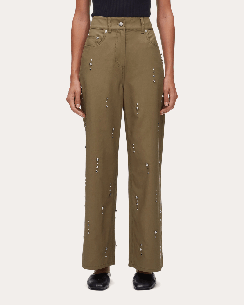 3.1 Phillip Lim Women's Studded Twill Wide-Leg Pants in Green Cotton/Viscose