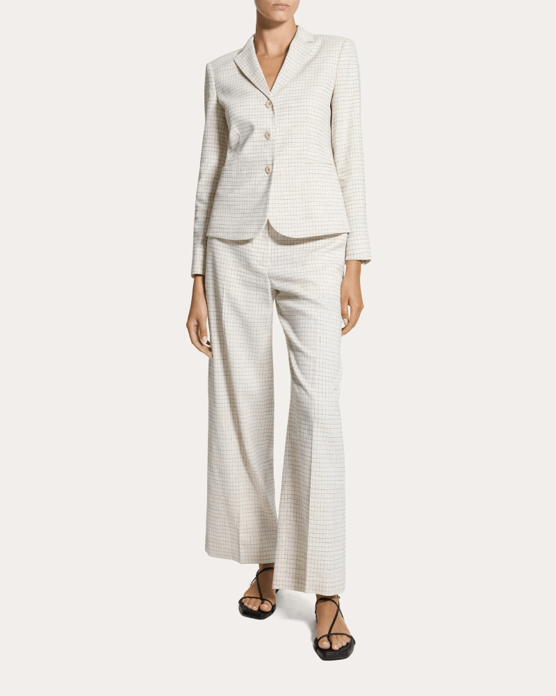 Theory Women's Check Linen-Blend Shrunken Blazer in White Linen/Viscose/Elastane