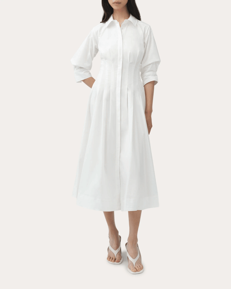 SIMKHAI Women's Jazz Pleated Poplin Midi Shirt Dress in White Cotton/Polyester