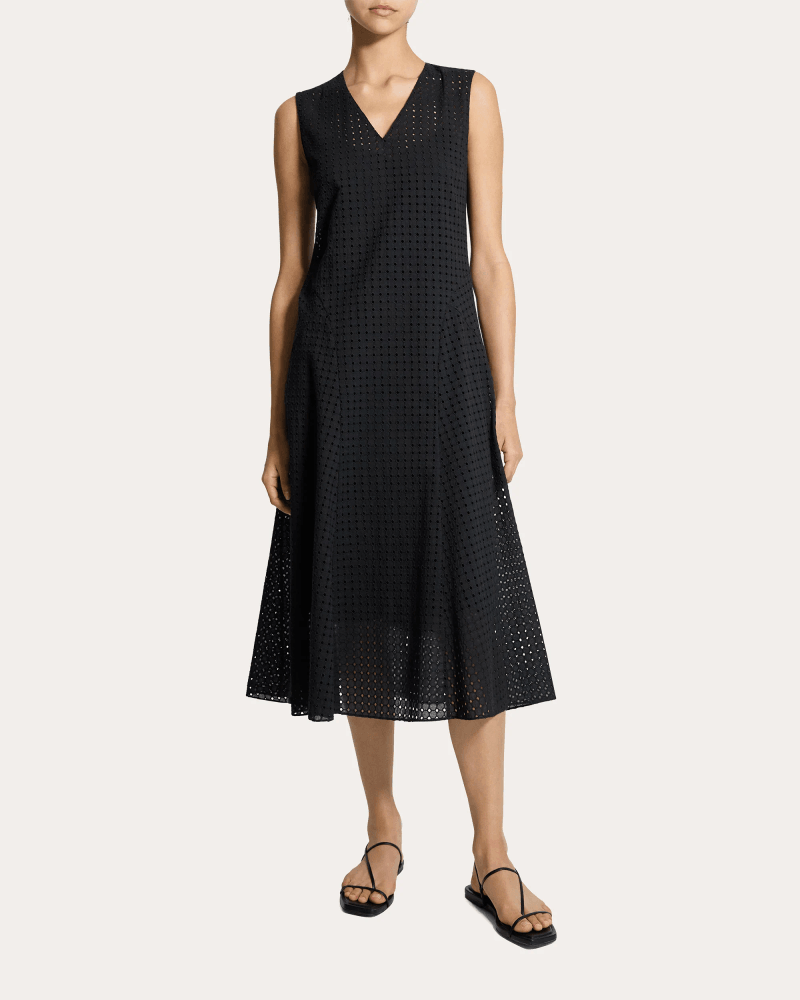 Theory Women's Embroidered Eyelet Cotton Easy Flare Midi Dress in Black