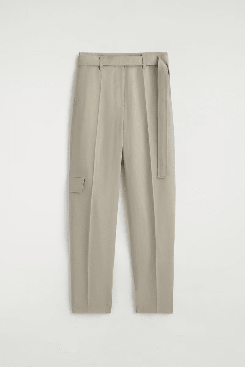 Belted Linen Barrel-Leg Pants in Beige