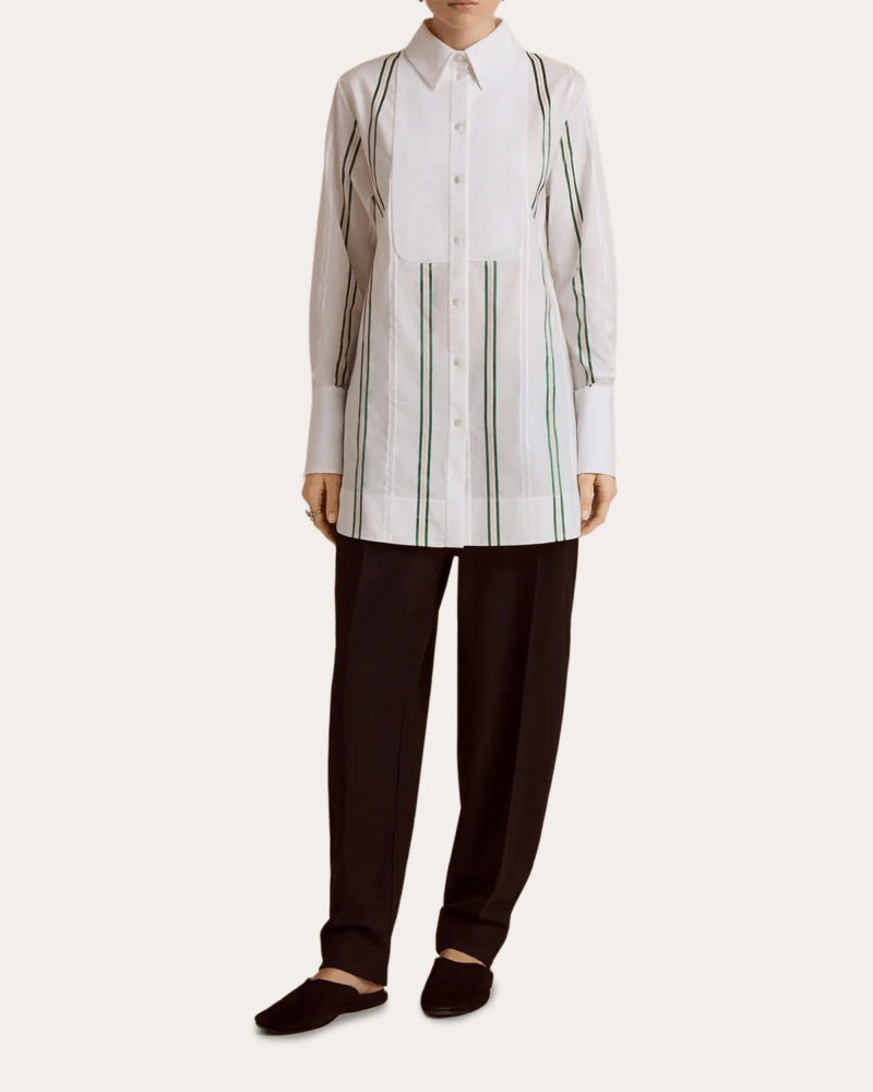 Marina Moscone Women's Pinstripe Jacquard Slim Tuxedo Shirt in White Cotton/Viscose