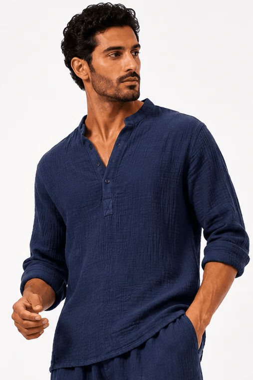 COLLARLESS CLASSIC COTTON KNIT SUMMER SHIRT