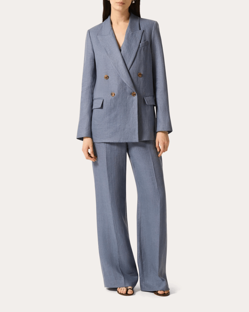 Argent Women's Basket Weave Linen Peaked Lapel Blazer in Blue Linen/Viscose