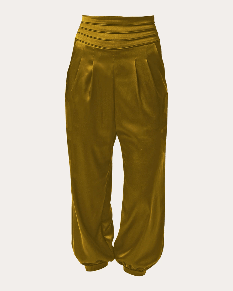 ROMUṠE Women's Avenoir Silk Charmeuse Pleated Crop Pants in Olivegold Silk/Elastane