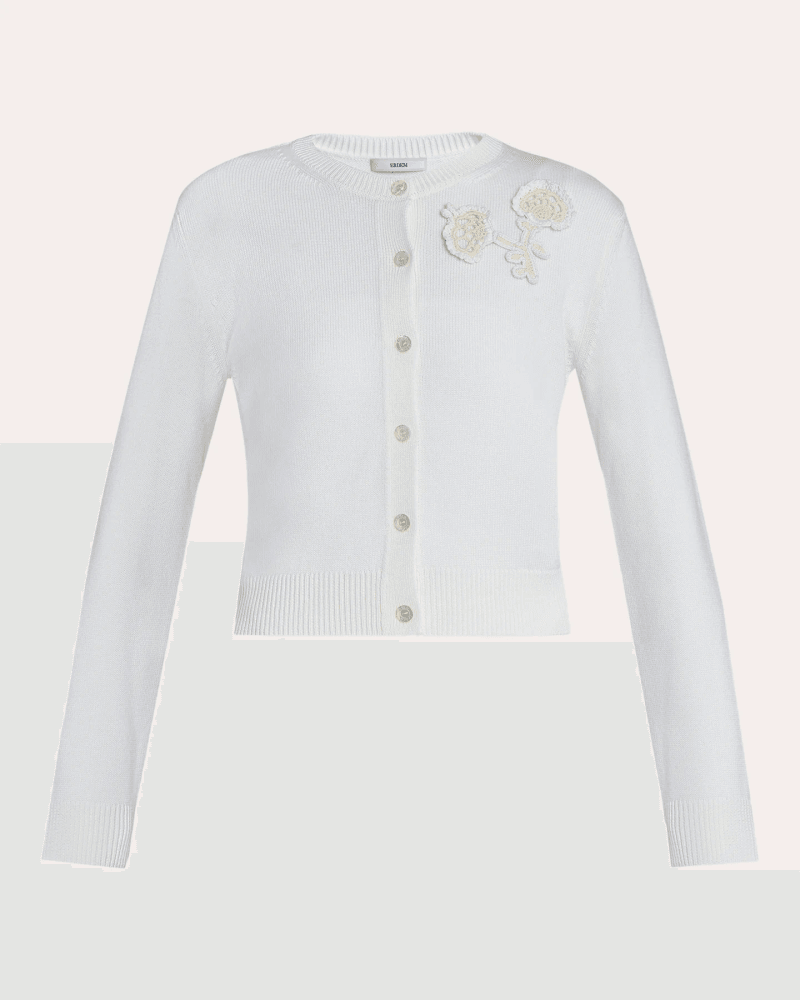ERDEM Women's Floral Appliqué Merino Wool Cardigan in White Wool/Cotton
