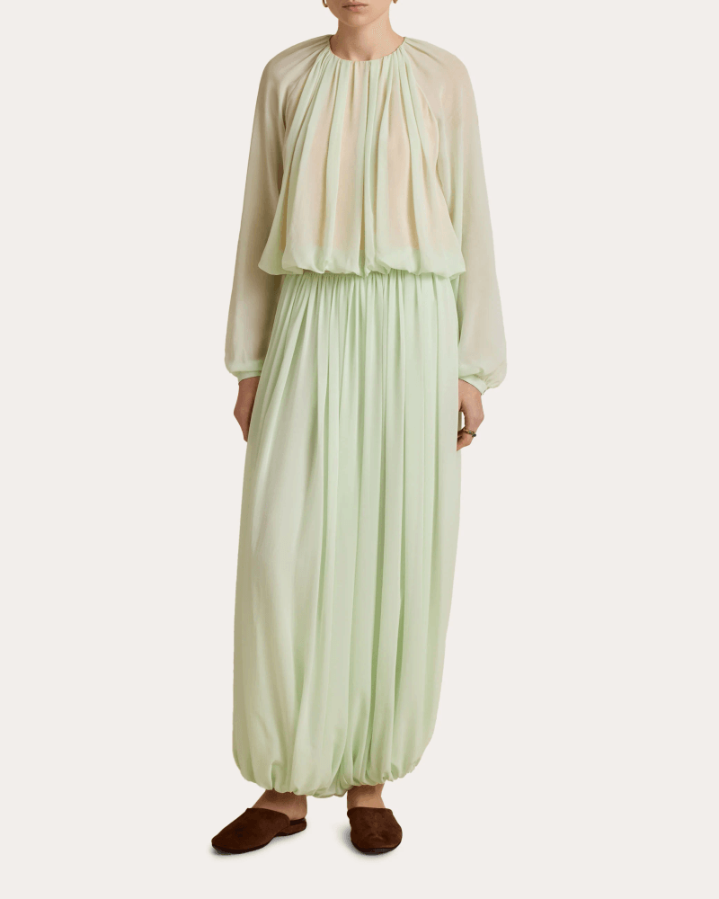 Marina Moscone Women's Silk Chiffon Gathered Long-Sleeve Blouse in Green