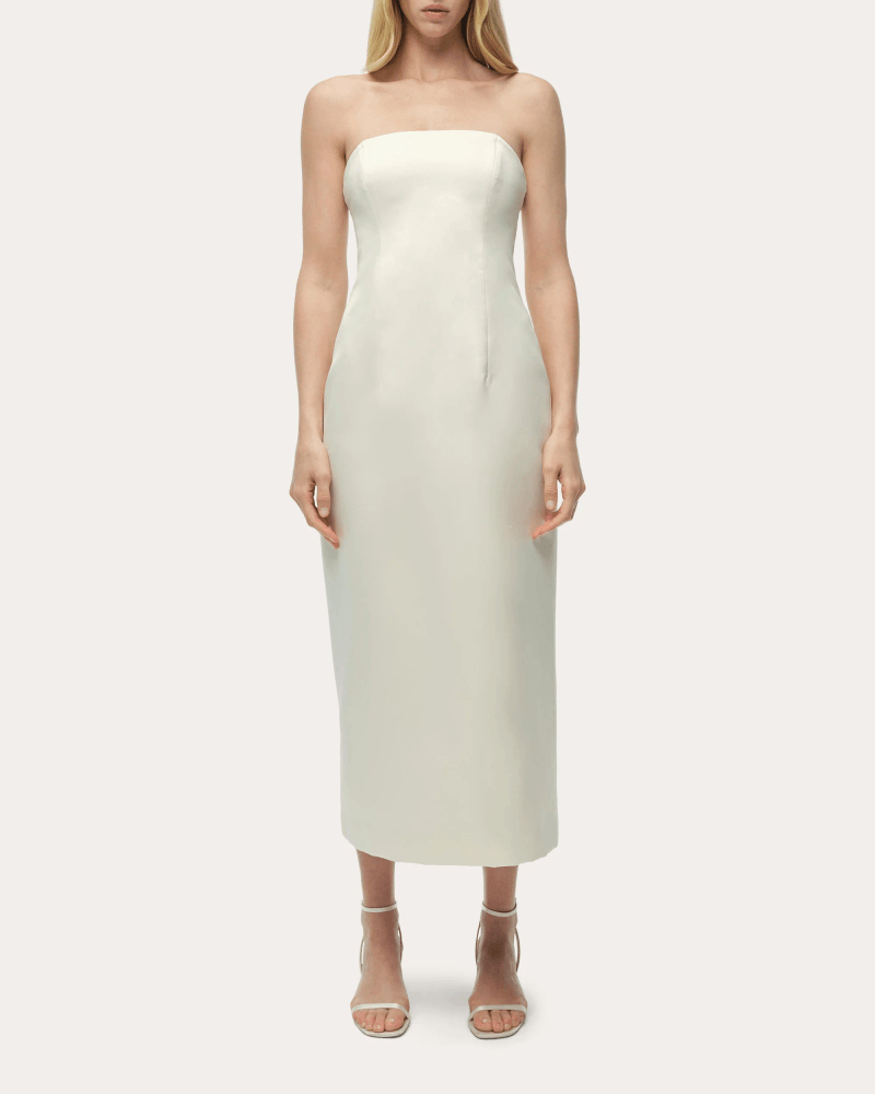SIMKHAI Women's Enid Satin Bustier Strapless Midi Dress in White Polyester/Spandex
