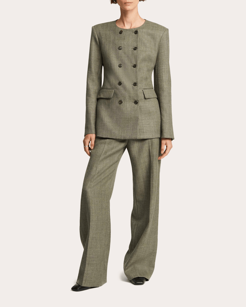 Argent Women's Herringbone Wool Double-Breasted Crewneck Blazer in Grey Wool/Linen/Polyester