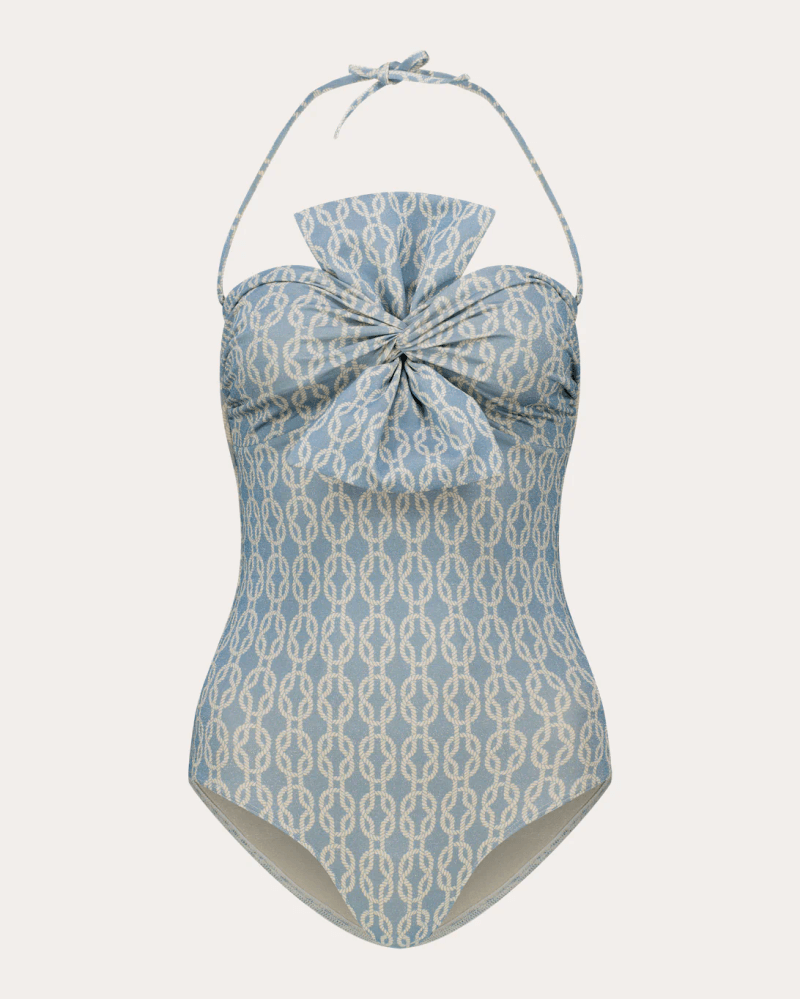 GirlsMustHave Women's Raquel Trellis Bow Bustier One-Piece in Blue Elastane/Polyester/Polyamide