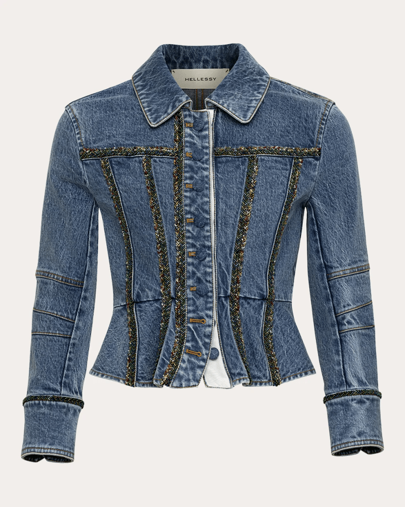 Hellessy Women's Kai Beaded Peplum Denim Jacket in Blue Cotton/Denim/Elastane