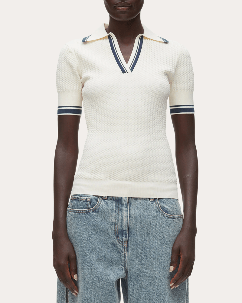 3.1 Phillip Lim Women's Textured Knit Polo Top in White Viscose/Elastane/Polyester