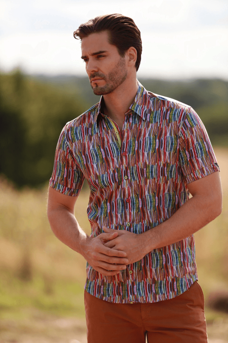 MULTICOLOUR SQUIGGLE LINEN MEN SHORT SLEEVE