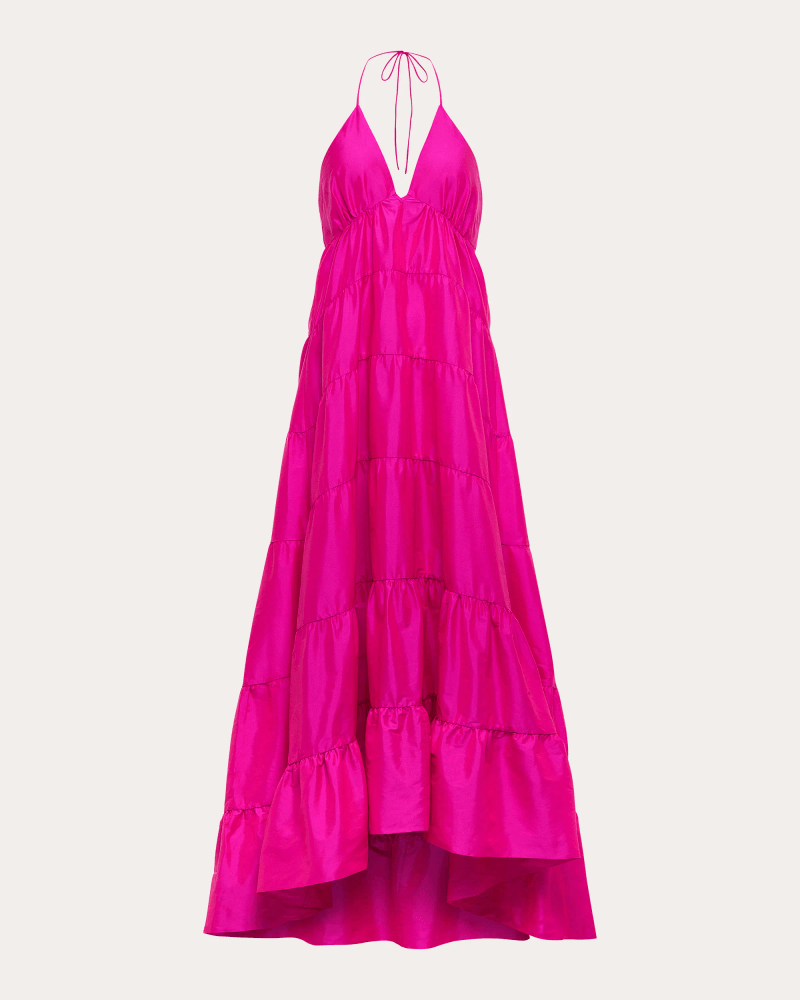 Azeeza Women's Olesia Taffeta Tiered V-Neck Halter Gown in Ultra Pink Polyester
