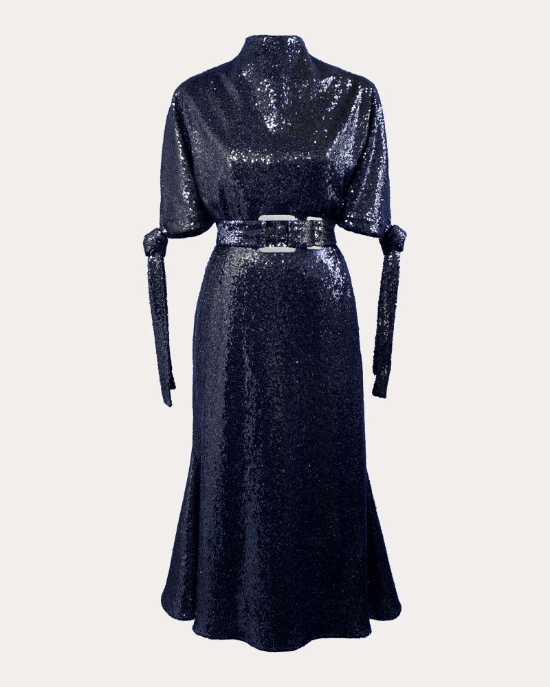 Edeline Lee Women's Pedernal Sequin Belted Tie-Sleeve Midi Dress in Navy Elastane/Polyester