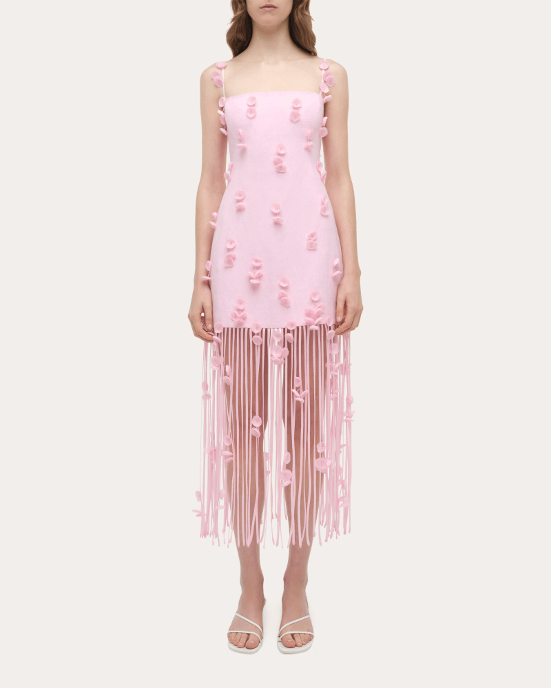 SIMKHAI Women's Juliana Floral Appliqué Fringed Midi Dress in Pink Cotton/Linen/Viscose
